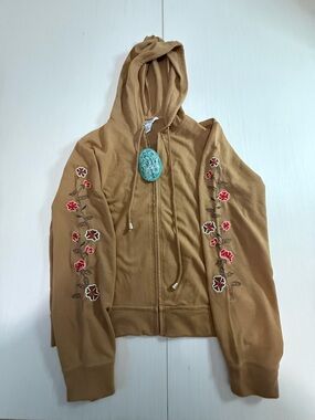 Soho Clothing Company Tan Hooded Zip Jacket with Red Floral Embroidery
